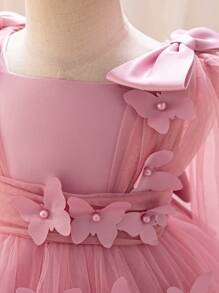 1pc Elegant Solid Color Mesh Patchwork Sleeveless Princess Dress With 3D Butterfly Decor, For Young Girl Formal Occasions, Birthday Party, Photography