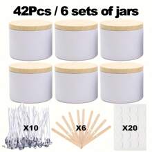 42 Peças/6 Conjuntos Latas de Vela Brancas, Frascos de Vela Pretos Foscos de 4 Onças com Tampas de Grão de Madeira para Fabricação de Velas, Suportes de Pavio, Autocolantes de Pavio para Fabricação de Velas, Artesanato DIY, Armazenamento de Pequenos Itens