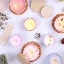 42 Peças/6 Conjuntos Latas de Vela Brancas, Frascos de Vela Pretos Foscos de 4 Onças com Tampas de Grão de Madeira para Fabricação de Velas, Suportes de Pavio, Autocolantes de Pavio para Fabricação de Velas, Artesanato DIY, Armazenamento de Pequenos Itens