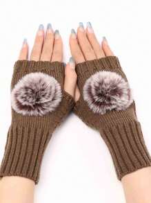 1pair Short Hairball Gloves New Autumn And Winter Fashion Knitted Wool Cuff Warm Half-Finger Mittens - Multicolor - View 2