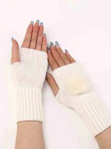 1pair Short Hairball Gloves New Autumn And Winter Fashion Knitted Wool Cuff Warm Half-Finger Mittens - Multicolor - View 5