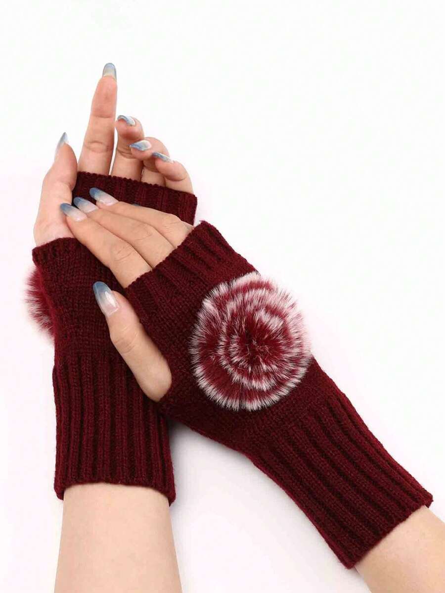 1pair Short Hairball Gloves New Autumn And Winter Fashion Knitted Wool Cuff Warm Half-Finger Mittens - Multicolor - View 1