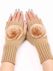 1pair Short Hairball Gloves New Autumn And Winter Fashion Knitted Wool Cuff Warm Half-Finger Mittens - Multicolor - View 3