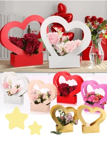 2Pcs Heart Shaped Flower Gift Boxes,Bouquet Bags With Handle Folding Basket For Valentine's Day Floral Arrangement Wedding Mother's Day Valentine Day