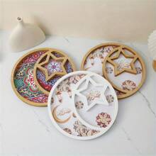 1pc Rustic Wooden Crescent And Star Eid Dessert Tray - Perfect For Party Tableware And Decoration