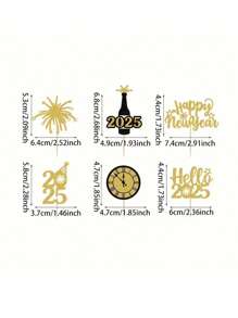 12 peças de decorações de bolo de ano novo 2025 - decoração de madeira para feriados com fogos de artifício, champanhe e designs de relógio para decorações de festa de ano novo
