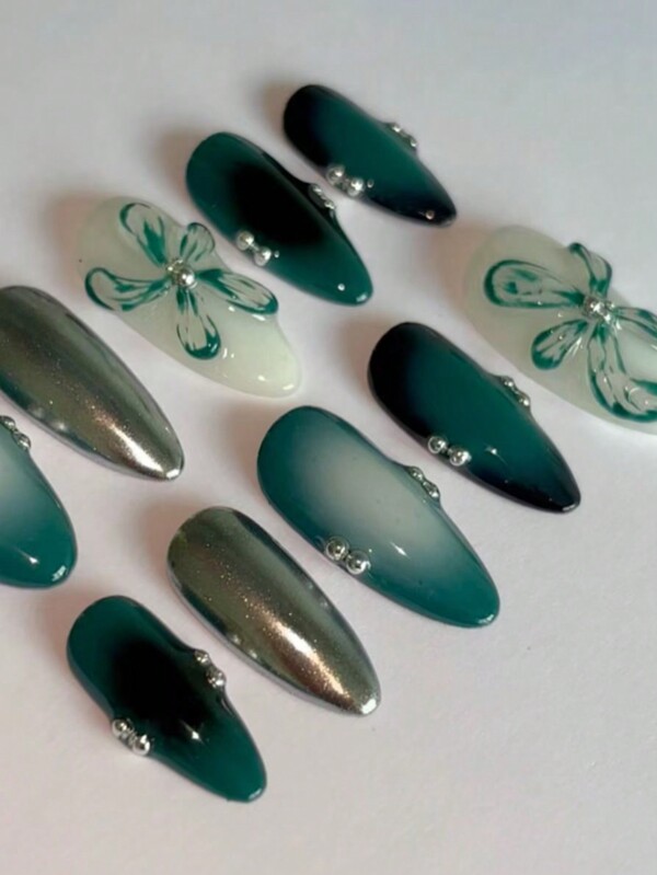 10pcs DIY Handmade European And American Style 3D Floral, Faux Pearl & Shell Embellished Short Almond-Shaped Matte Green & Nude Color False Nails, Suitable As Gift For Women And Girls Press On Nails