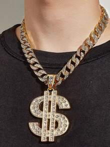 1 set Collar con colgante con signo de dólar con brillo, diseño exagerado de para discoteca y hombres de hip hop