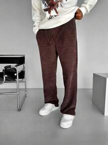 男士灯芯绒直筒休闲工装裤，纯色，简约风格，适合日常穿着 - 鏽棕色 - 查看 3