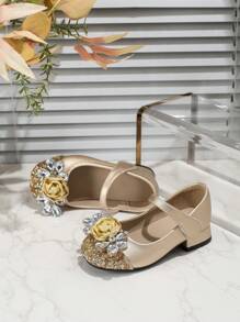 Girls' Gold High Heel Performance Leather Shoes, Children Princess Crystal Mary Jane Shoes For Runway - Gold - View 2