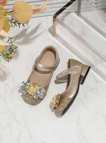 Girls' Gold High Heel Performance Leather Shoes, Children Princess Crystal Mary Jane Shoes For Runway - Gold - View 5