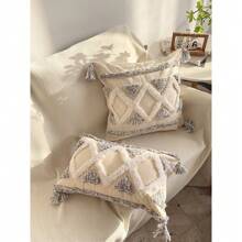 亚麻流苏刺绣抱枕套，几何菱形图案，波西米亚风格，适合农舍装饰，沙发垫套，米色和灰色