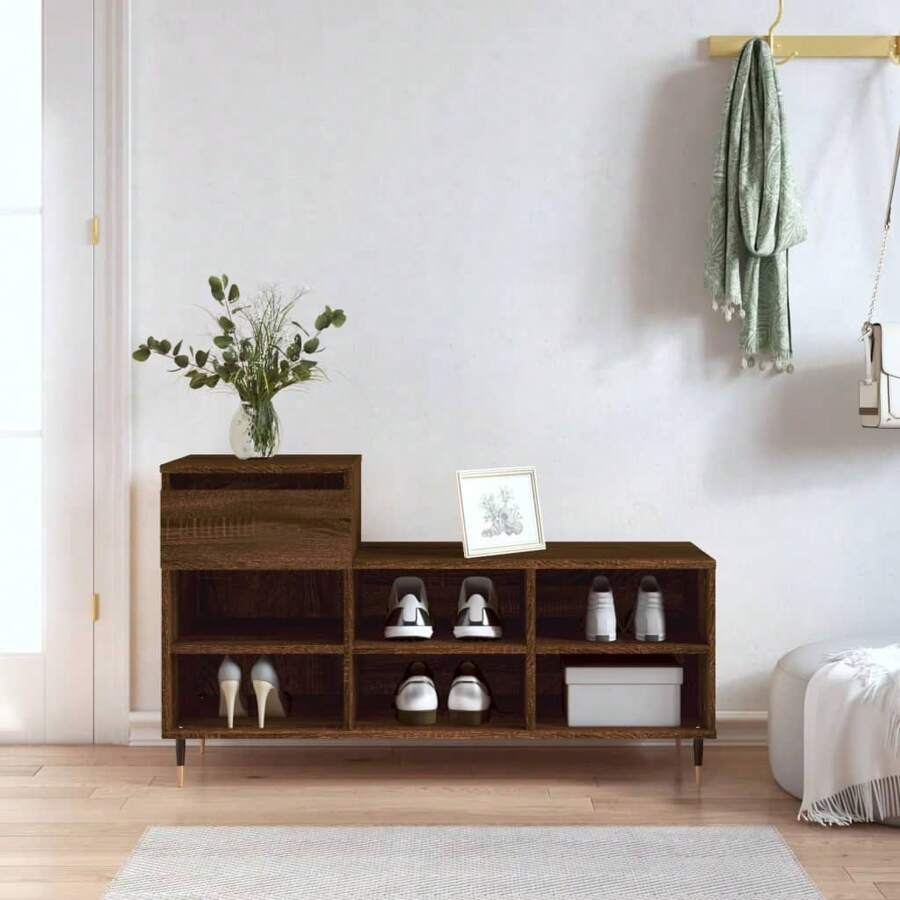 Stylish Brown Oak Engineered Wood Shoe Cabinet 100 Cm For Organized Storage - Brown - View 1