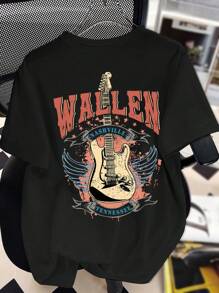 Teen Girl Personalized Sweet Cool Guitar Girl Printed Pullover T-Shirt Round Neck Short Sleeve Spring And Summer New Style - Black - View 1