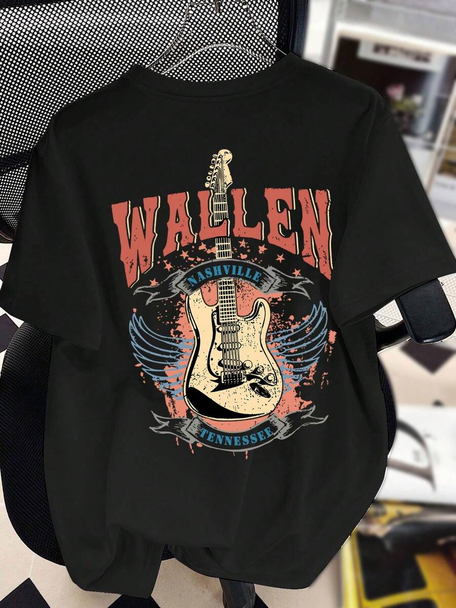 Teen Girl Personalized Sweet Cool Guitar Girl Printed Pullover T-Shirt Round Neck Short Sleeve Spring And Summer New Style - Black - View 1