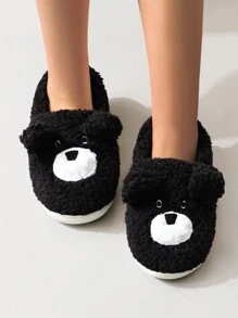 卡通可爱小熊保暖室内毛绒厚底防滑家居拖鞋，女士秋冬款 - 黑色 - 查看 1
