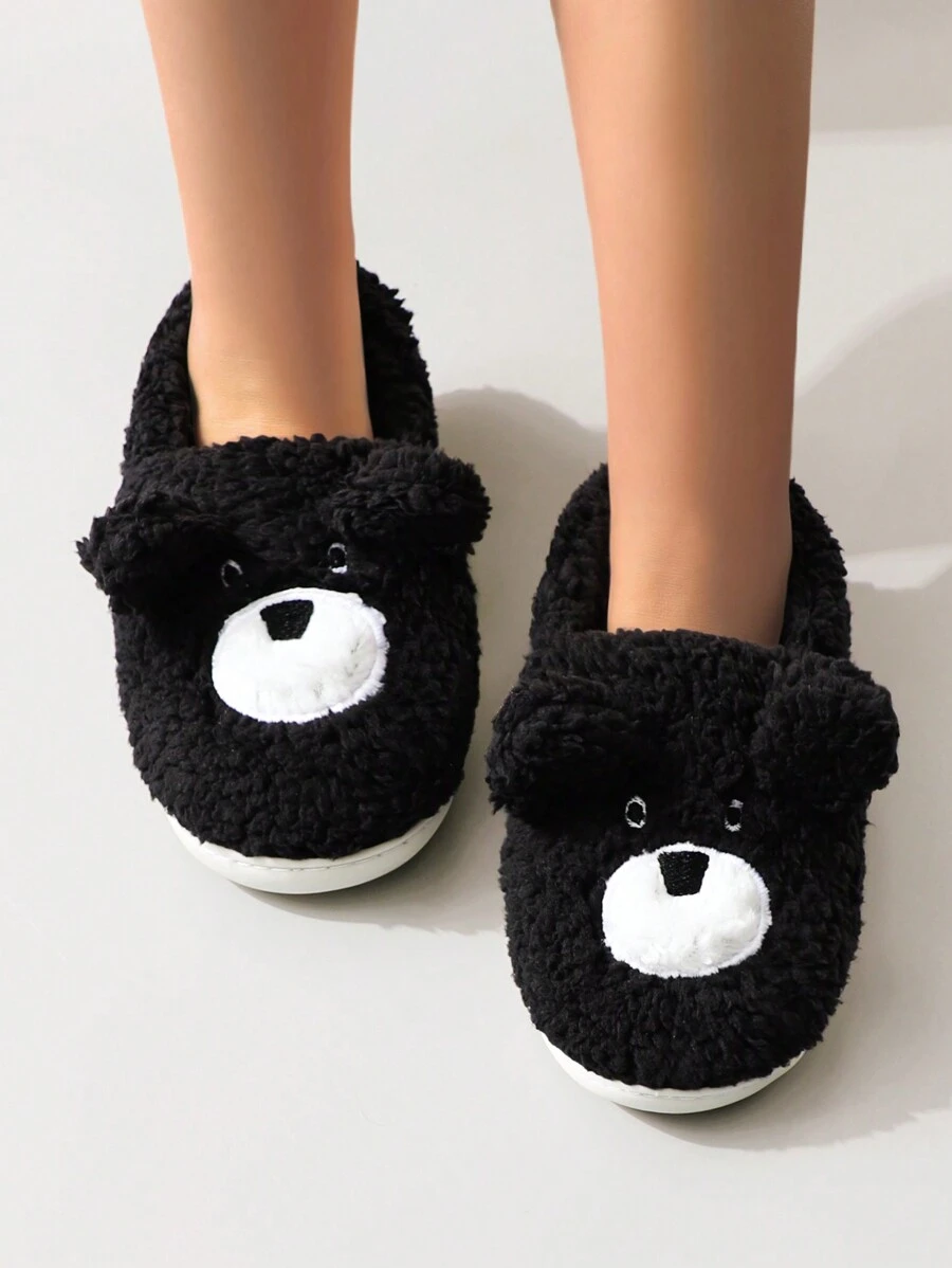 卡通可爱小熊保暖室内毛绒厚底防滑家居拖鞋，女士秋冬款 - 黑色 - 查看 1