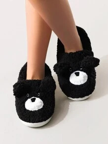卡通可爱小熊保暖室内毛绒厚底防滑家居拖鞋，女士秋冬款 - 黑色 - 查看 4