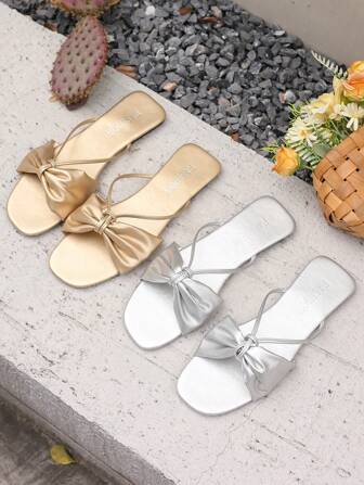 女士夏季新款大码平底拖鞋圆头皮革蝴蝶结带休闲户外凉鞋