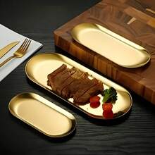 1pc/3pcs, Oval Stainless Steel Service Plate, European Style, Dessert Tray, Fruit Plate, Salad Plate, Steak Plate, Barbecue Plate, Dessert Plate, Seamless Design, Elegant Presentation, Snack Tray, Ideal Choice For Restaurant And Home Use - Multicolor - View 6