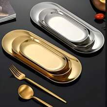 1pc/3pcs, Oval Stainless Steel Service Plate, European Style, Dessert Tray, Fruit Plate, Salad Plate, Steak Plate, Barbecue Plate, Dessert Plate, Seamless Design, Elegant Presentation, Snack Tray, Ideal Choice For Restaurant And Home Use - Multicolor - View 3