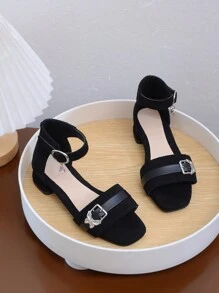 Summer New High Heel Children Sandals, Fashion Versatile Flower Decor Anti-Slip Soft Bottom Girls Mid-Heel Sandals, Open Toe, Suitable For Daily Wear, Performance, Party - Black - View 5