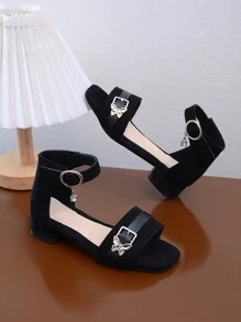 Summer New High Heel Children Sandals, Fashion Versatile Flower Decor Anti-Slip Soft Bottom Girls Mid-Heel Sandals, Open Toe, Suitable For Daily Wear, Performance, Party - Black - View 7