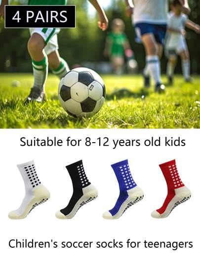 4 pares de calcetines de fútbol juveniles, calcetines deportivos antideslizantes para niños, calcetines deportivos con parte inferior absorbente del sudor, calcetines de entrenamiento juveniles adhesivos, talla 33-39, adecuado para edades de 8 a 12 y de 12 a 16 años