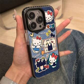  Sanrio Denim Kitty 插画可爱手机壳适用于 iPhone，全面覆盖保护