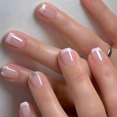 ARTAUG 24片装短款亮面棺材形美甲贴纸，银边设计，粉白法式假指甲，可重复使用，女士适用。按压式美甲贴纸，美甲用品