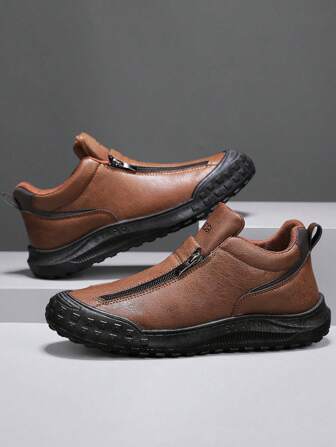 Men's Casual Sports Shoes, Fall/Winter New Fashion High Top Men Shoes, Side Zip No-Lace Design, Comfortable Flat Non-Slip Durable PU Leather Upper, Waterproof & Dirt-Resistant, Simple Letter Print, Versatile Casual Shoes For Young Men, Outdoor Colorblock Thick Sole Shoes, Suitable For Party, Work, Labor Protection