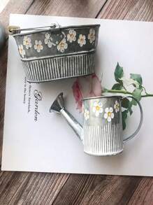 1 pezzo Vaso da fiori in ferro vintage lavorato a rilievo, vaso da fiori in latta bianca vintage con manici in legno stile giapponese Mori, vaso ovale per balcone, fattoria, giardino, esterno, vaso da tavolo per piante, secchio in ferro per piante da esterno, decorazione per giardino e casa