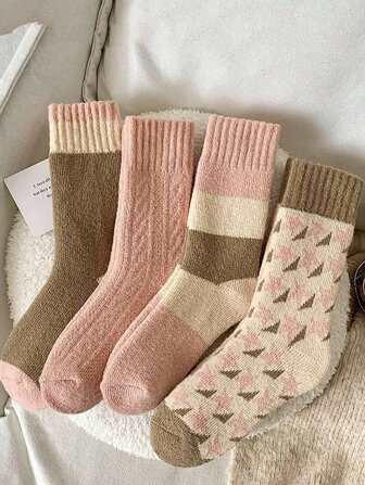 4 Pairs Random Thick Warm Pink Fleece Socks For Women