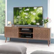 TV Stand With Shelf And Cabinet Storage 2 Sliding Doors For 60 70 Inch TV Walnut