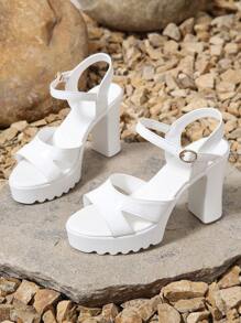 女士纯色漆皮系带高跟厚底露趾正装凉鞋，时尚百搭，适合派对、时装秀，让双腿看起来更长 - 白色 - 查看 1