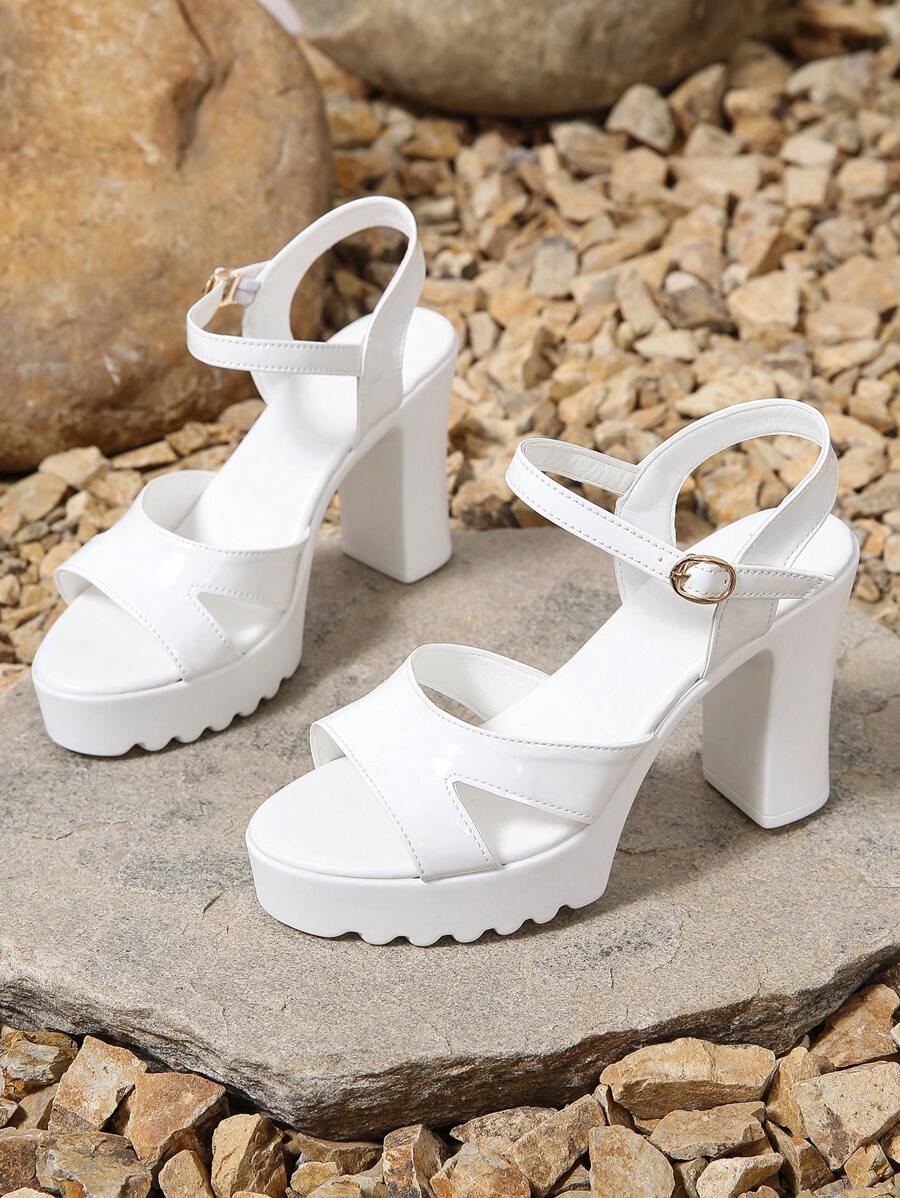 女士纯色漆皮系带高跟厚底露趾正装凉鞋，时尚百搭，适合派对、时装秀，让双腿看起来更长 - 白色 - 查看 1