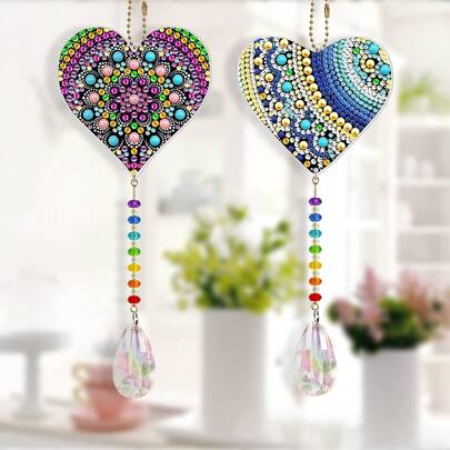 2 piezas DIY atrapasueños con colgante con forma de corazón y diamantes artificiales, colgantes con diamantes artificiales, accesorios hechos a mano de pintura de diamante para entusiastas del pavo real, llavero, colgante reversible con kit de pintura de diamante artificial para decoración del hogar, ventanas y jardín