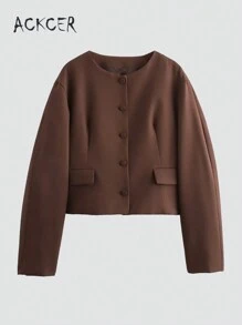 Women's Casual Balloon Style Round Neck Long Sleeve Jacket - Brown - View 3