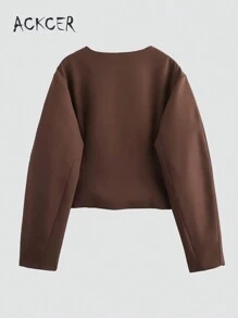 Women's Casual Balloon Style Round Neck Long Sleeve Jacket - Brown - View 4