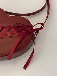 SHEIN MOD 1pc Burgundy Red Fashionable Angora Red Cherry Red Heart Shaped Ribbon Bow Decor Cute Korean Style Women Shoulder Bag, Crossbody Bag, Valentine's Day Gift For Girlfriend/Best Friend, New Year Bag, Fashionable Burgundy Bag - Burgundy - View 7
