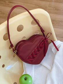 SHEIN MOD 1pc Burgundy Red Fashionable Angora Red Cherry Red Heart Shaped Ribbon Bow Decor Cute Korean Style Women Shoulder Bag, Crossbody Bag, Valentine's Day Gift For Girlfriend/Best Friend, New Year Bag, Fashionable Burgundy Bag - Burgundy - View 6