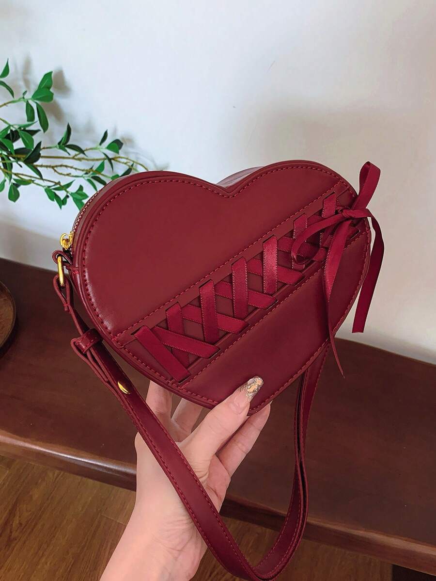 SHEIN MOD 1pc Burgundy Red Fashionable Angora Red Cherry Red Heart Shaped Ribbon Bow Decor Cute Korean Style Women Shoulder Bag, Crossbody Bag, Valentine's Day Gift For Girlfriend/Best Friend, New Year Bag, Fashionable Burgundy Bag