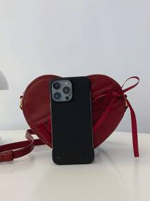 SHEIN MOD 1pc Burgundy Red Fashionable Angora Red Cherry Red Heart Shaped Ribbon Bow Decor Cute Korean Style Women Shoulder Bag, Crossbody Bag, Valentine's Day Gift For Girlfriend/Best Friend, New Year Bag, Fashionable Burgundy Bag - Burgundy - View 8