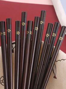 5pcs/Set Flower Patterned Wooden Chopsticks, Japanese Style Tableware For Home Dining,School Supplies
