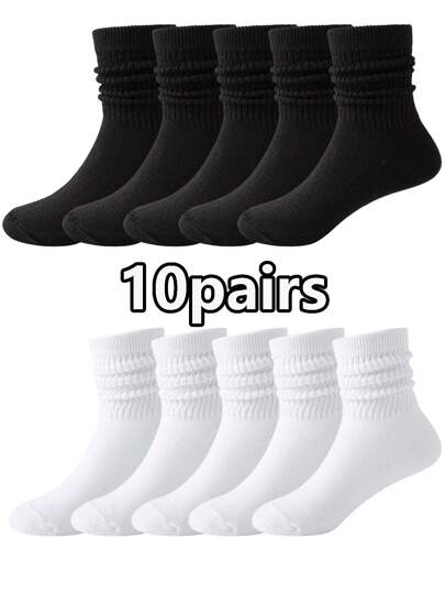1/3/5/10 Pairs Kids Black & White Mixed Knitted Breathable Warm Anti-Odor Crew Socks, Suitable For Home, Outdoor, All Seasons