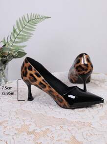 Women's Pointed Toe Leopard Print Color Block High Heel Slip-On Pumps - Leopard Color - View 2