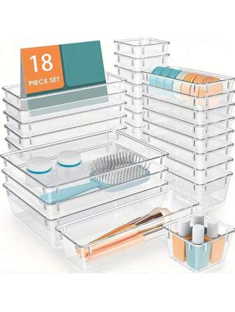 1/5/7/11/18pcs Transparent Drawer Organizers, 7 Sizes Beauty Makeup Storage Boxes, Non-Slip Plastic Dividers For Cosmetics, Kitchen Supplies, Office Items, Home Organization Trays, Multi-Functional Bathroom & Vanity Tray ,Jewellery Box,Pouch,Makeup Brush Holder,Brush Holder,Perfume Organiser,Pouch Bag,Gifts For Women,Christmas Gifts,Gift Ideas For Women