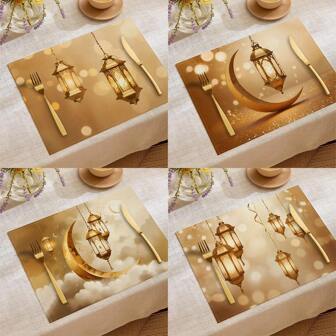 1 件/4 件/6 件春季斋月装饰餐垫，亚麻月亮、灯笼、云朵蜡烛餐垫，耐污桌垫，适用于家庭、餐厅、餐厅装饰