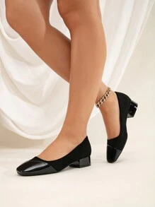 2024 New Black Chunky Heel French Patchwork Slip-On Pumps, Square Toe Mid-Heel Work Shoes For Women, Suitable For Spring, Autumn And Winter