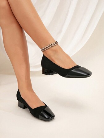 2024 新款黑色粗跟法式拼布一脚蹬高跟鞋，方头中跟女式工作鞋，适合春秋冬季